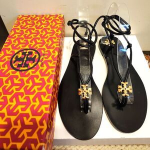 NIB Tory Burch "Capri" Black 100% Leather Lace-Up Flat Sandals Sz.6.5 Ret.$300